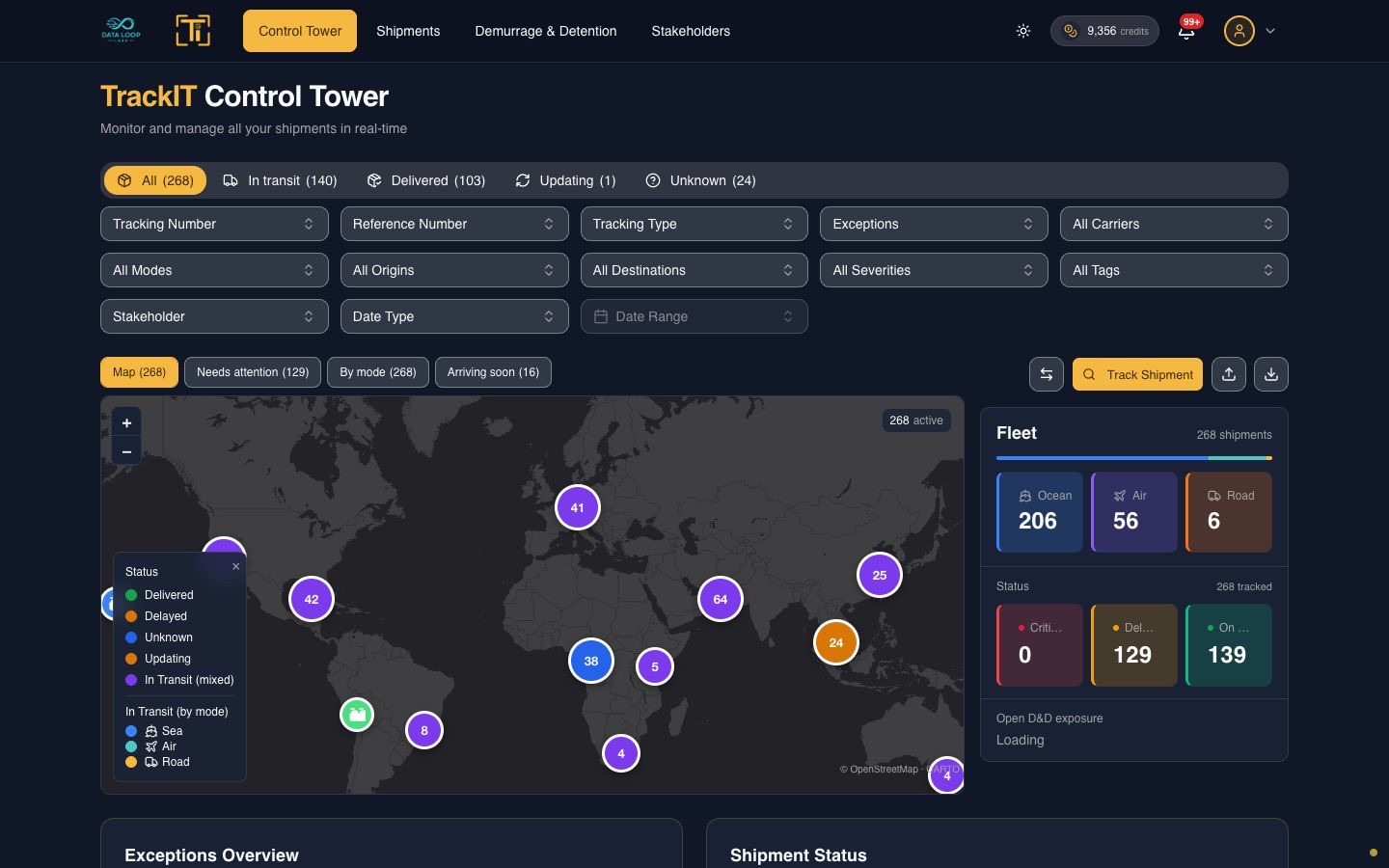 TrackIT Control Tower map with ocean, air, and road shipment markers and fleet summary